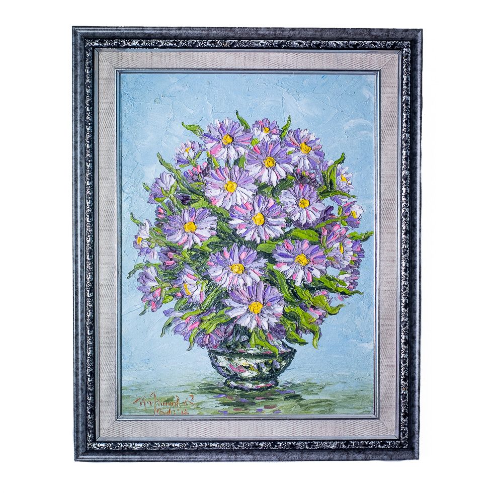 Obraz wazonu z fioletowymi kwiatami