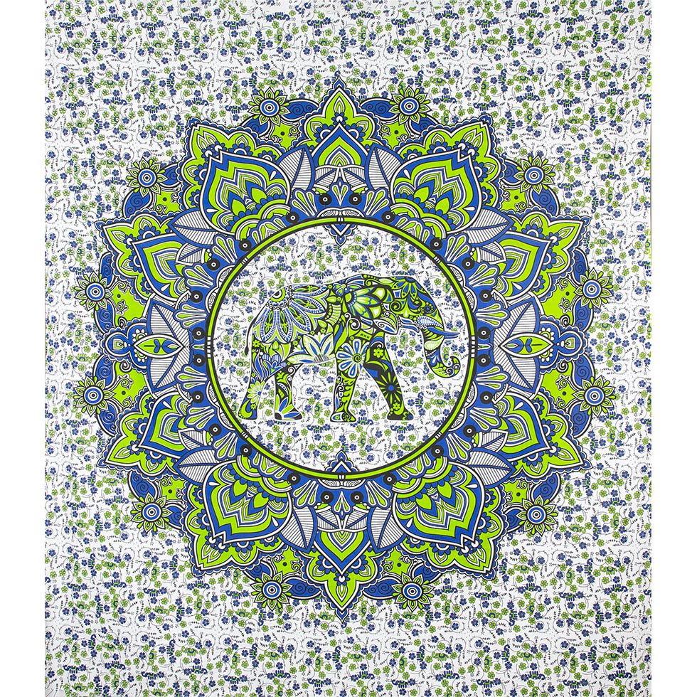 Bawełniana narzuta Słoń w mandali - zielono-niebieska India