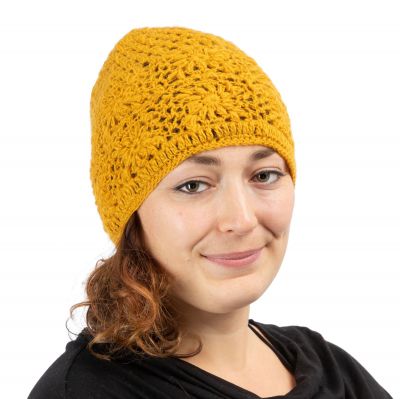 Szydełkowa czapka z wełny Bardia Yellow | czapka, komplet czapek i opasek, zestaw czapek, opasek na ramię i opaski