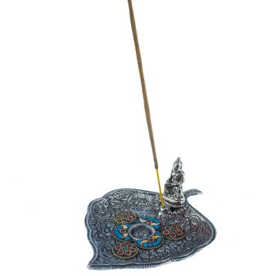Metalowy stojak na kadzidełka Liść z Buddą i mozaiką 1