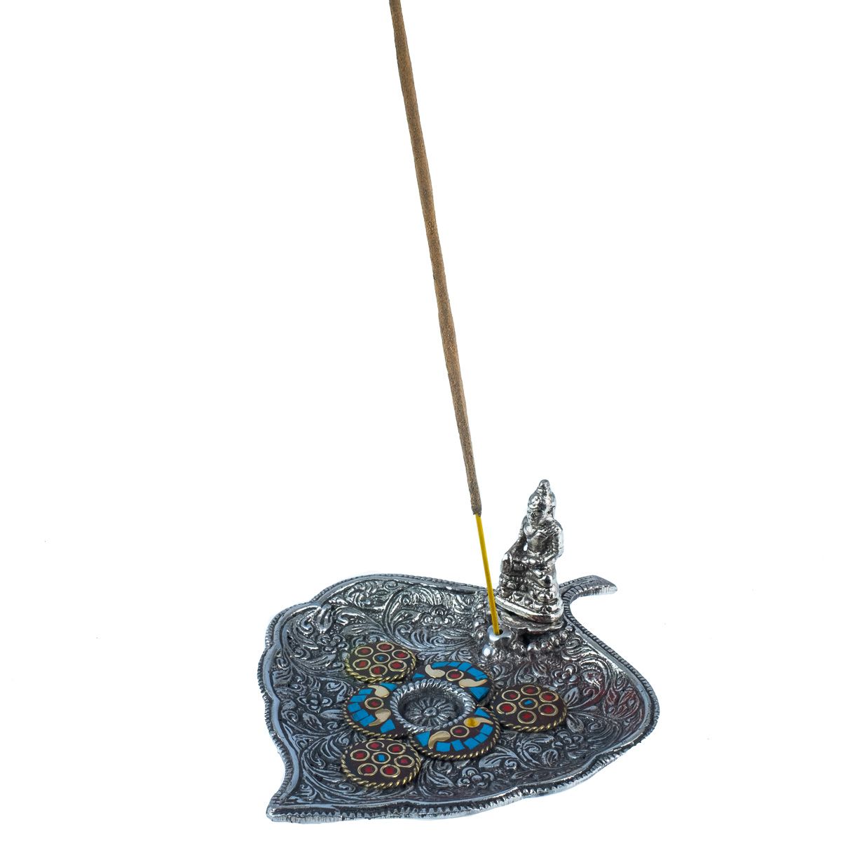 Metalowy stojak na kadzidełka Liść z Buddą i mozaiką 1 India