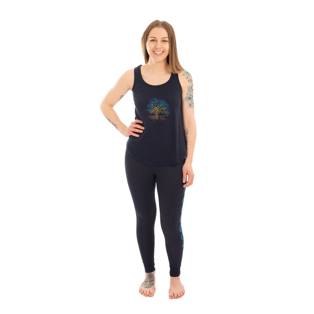 Bawełniana odzież do jogi Drzewo życia i Czakry – ciemnoniebieska - - komplet top + legginsy S/M Nepal