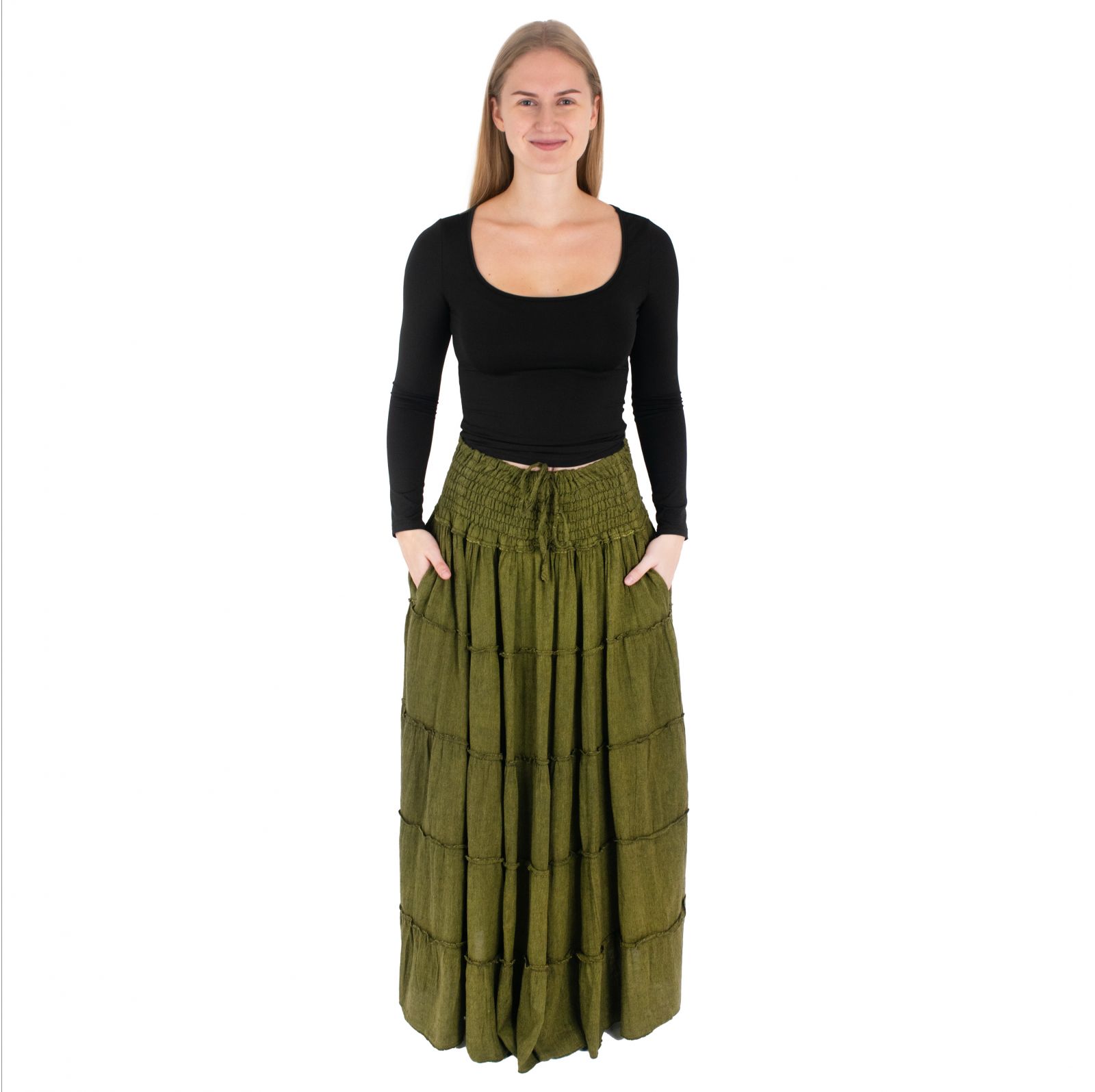 Długa spódnica etno / hippie Bhintuna Khaki Green zielona Nepal