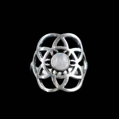 Pierścień z niemieckiego srebra Flower of Life Kamień księżycowy