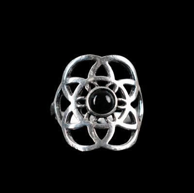 Pierścień z niemieckiego srebra Flower of Life Onyks czarny